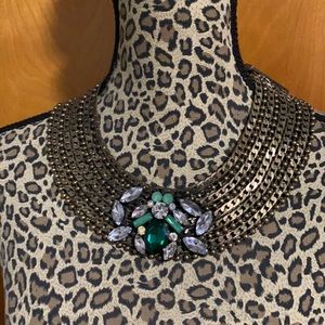 Vintage Old Hollywood: Brass / Faux Jewel (emerald, diamond and jade) necklace
